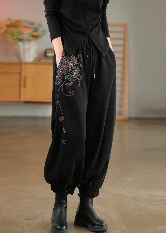 Deal Zone Modern Black Elastic Waist Embroideried Cotton Harem Pants Spring
