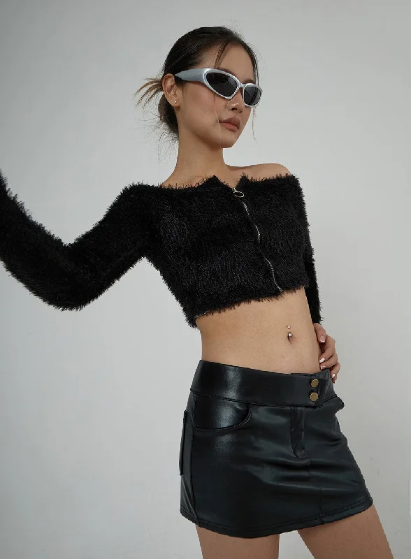 Shop and Save Off-Shoulder Zipper Faux Fur Cropped Top CJ302
