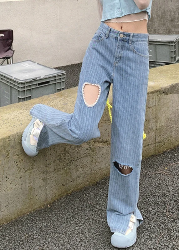 Price Fest Modern Blue Loving Heart Patchwork Nail Bead Side Open Pockets Button High Waist Pants Summer