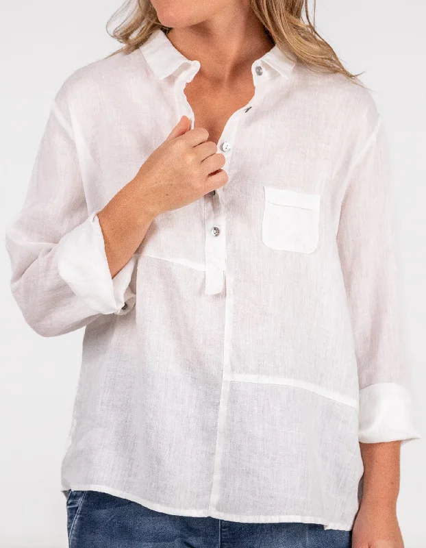 Weekend Steals Await Ollie Long Sleeve Half Button Shirt in White Linen