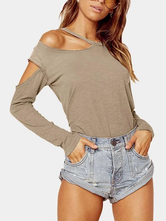 Markdowns Custom One Shoulder Plain Cut Out Long Sleeve Apricot T-Shirts