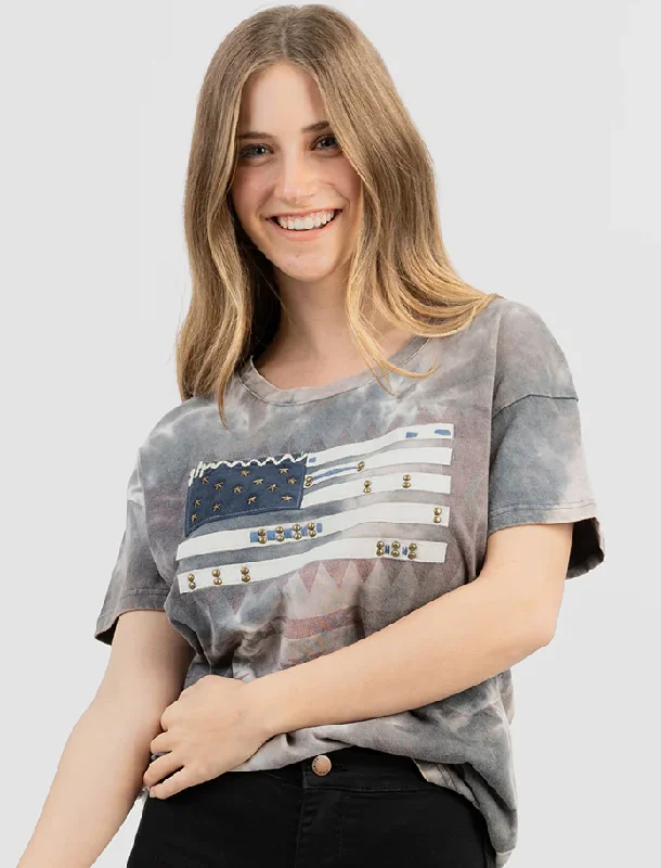 Weekend Offers That Excite Womens Tie-Dye Hand Stitched Studded Flag Short Sleeve Tee