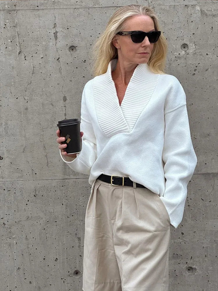 Discount Extravaganza Fashion White Pleated Patchwork Knitted Pullover Women Elegant V-neck Long Sleeve Loose Sweater Discount Extravaganza Fashion White Pleated Patchwork Knitted Pullover Women Elegant V-neck Long Sleeve Loose Sweater