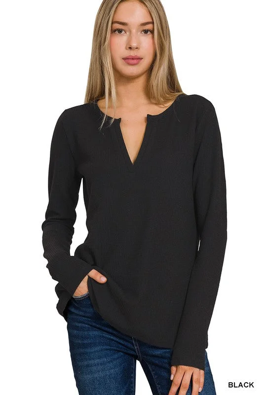Reduced Prices PALMER MELANGE BABY WAFFLE V-NECK LONG SLEEVE TOP S-XL