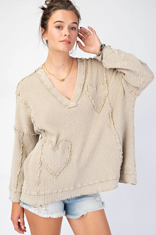 Steals and Deals JANA MINERAL WASHED HEART PATCH RIB KNIT PULLOVER