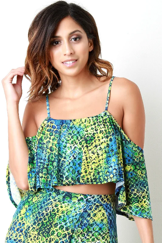 Weekend Deals That Dazzle Abstract Circle Cold Shoulder Ruffle Crop Top