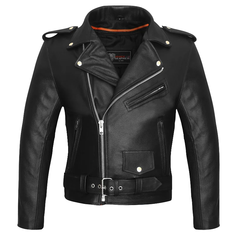 VL516S Men's Basic Classic Motorcycle Jacket Plain Side w/Belted Waist