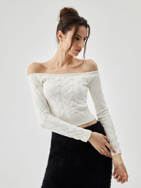 Take Advantage Off Shoulder Long Trendy Sleeve Cable Crop Sweater