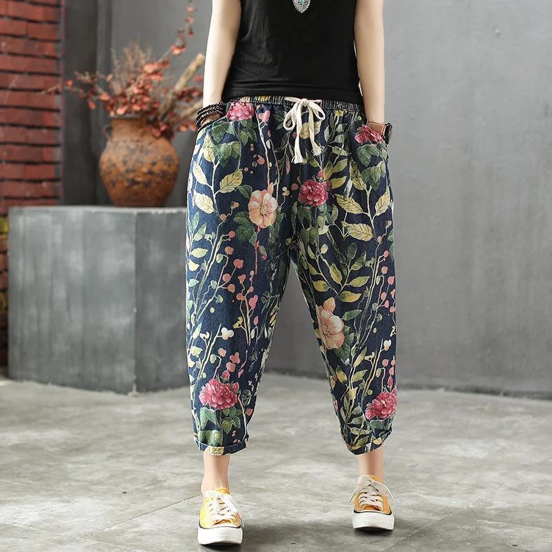 Super Deal Loose Floral Print Elastic Waist Denim Pants