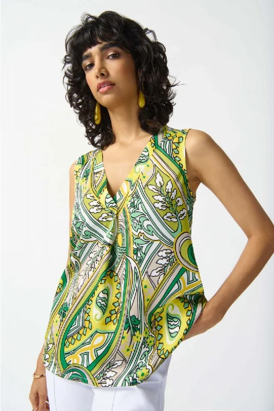 Limited Time Offer Joseph Ribkoff Vanilla/Multi Paisley Print Pleated V-Neck Sleeveless Top 242002