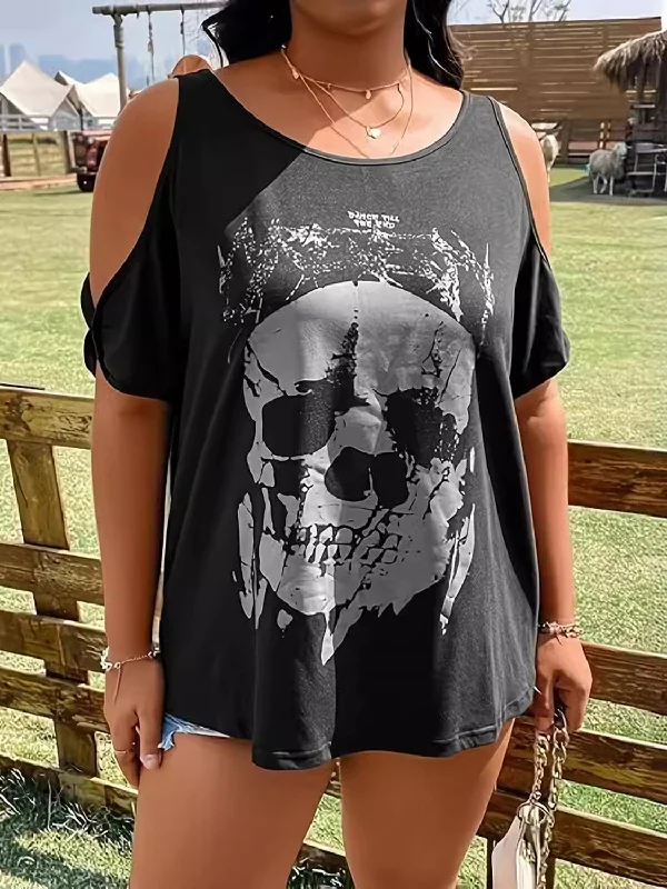 New Deal Plus Size Skeleton Graphic Round Neck Cold Shoulder T-Shirt