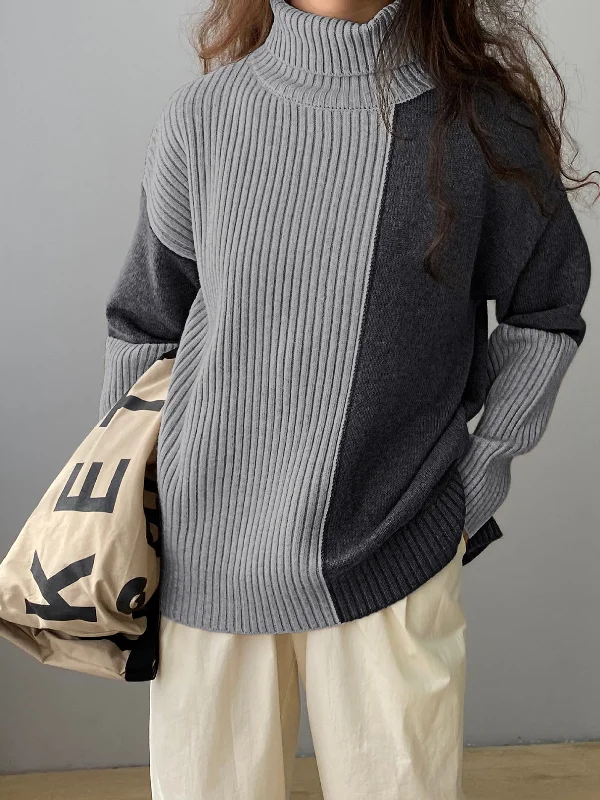 Weekend Bargains to Savor Two Tone Colorblock High Modern Neck Ribbed Knit Sweater