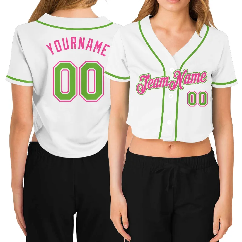 Early Access Custom Women's White Neon Green-Pink V-Neck Cropped Baseball Jersey