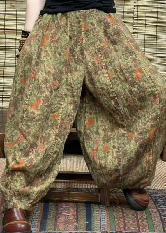 Savings Event Green Pockets Patchwork Linen Lantern  Pants Elastic Waist Summer