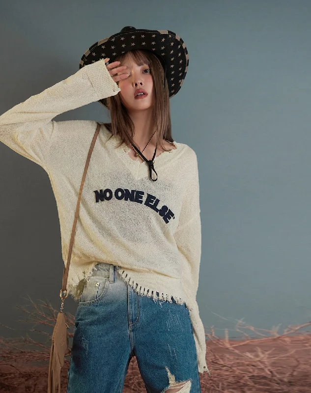Online Only Damaged Fringe Hem Knit Sweater