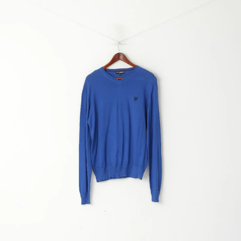 Lyle & Scott Men L Jumper Heritage Blue Cotton V Neck Strech Plain Sweater