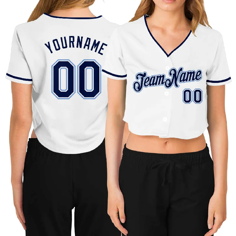 Markdown Madness Custom Women's White Navy-Light Blue V-Neck Cropped Baseball Jersey