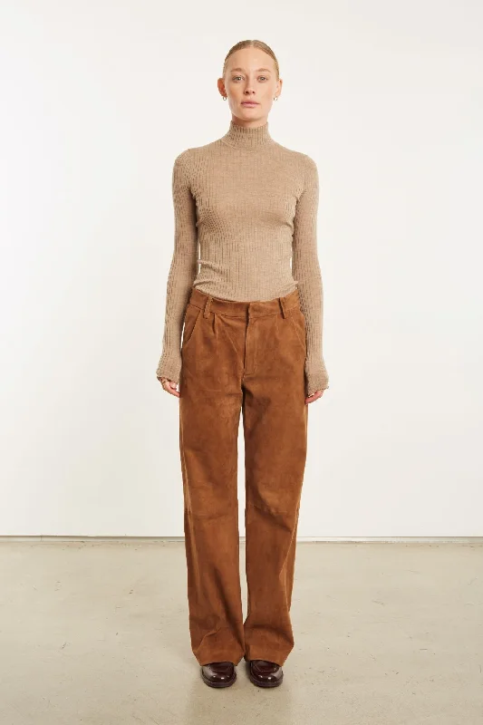 Best Seller Dark Cognac Suede Straight Leg Trouser