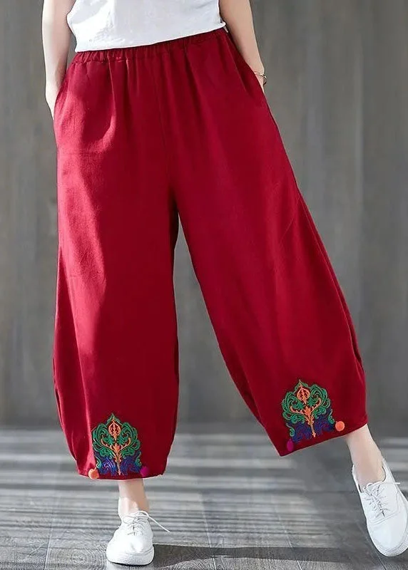 Sale Event Handmade Red Embroideried Pockets Patchwork Cotton Lantern Pants Summer