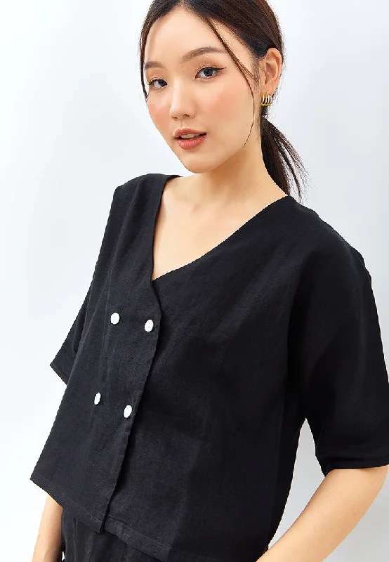 Extra Savings V-neck Button Linen Jacket in Black